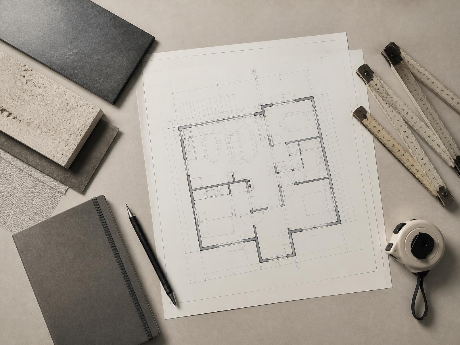 Grundriss, Zollstock und Materialmuster auf einem Tisch